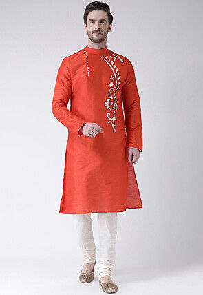 Embroidered Dupion Silk Kurta Set in Rust