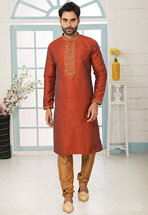 Embroidered Dupion Silk Kurta Set in Rust
