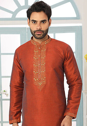 Embroidered Dupion Silk Kurta Set in Rust