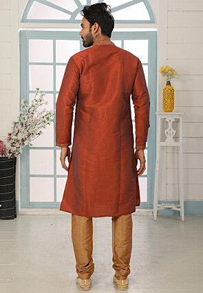 Embroidered Dupion Silk Kurta Set in Rust