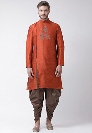 Embroidered Dupion Silk Kurta Set in Rust