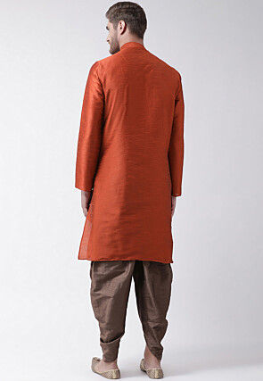 Embroidered Dupion Silk Kurta Set in Rust
