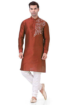 Embroidered Dupion Silk Kurta Set in Rust