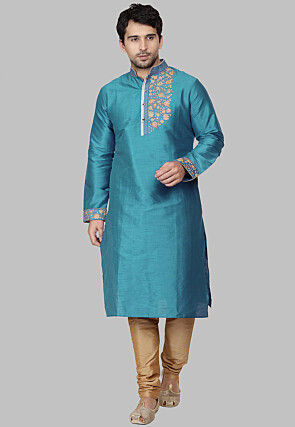 Embroidered Dupion Silk Kurta Set in Teal Blue