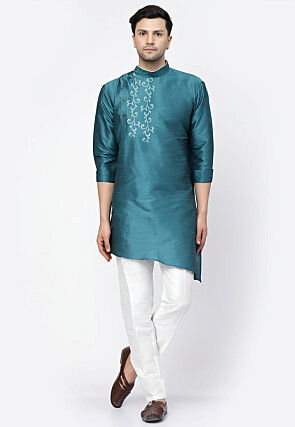 Embroidered Dupion Silk Asymmetric Kurta Set in Teal Blue