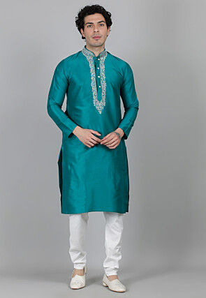 Embroidered Dupion Silk Kurta Set in Teal Blue