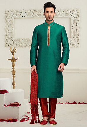 Embroidered Dupion Silk Kurta Set in Teal Green