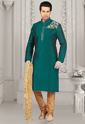 Embroidered Dupion Silk Kurta Set in Teal Green