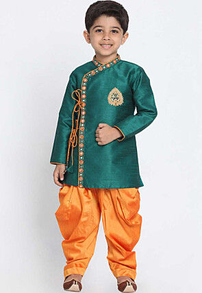 Embroidered Dupion Silk Kurta Set in Teal Green