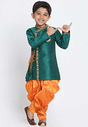 Embroidered Dupion Silk Kurta Set in Teal Green