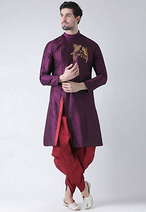 Embroidered Dupion Silk Kurta Set in Violet