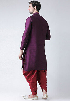 Embroidered Dupion Silk Kurta Set in Violet