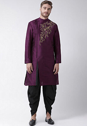 Embroidered Dupion Silk Kurta Set in Violet