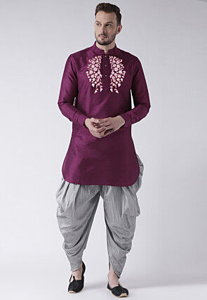 Embroidered Dupion Silk Kurta Set in Violet