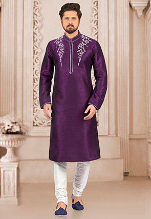 Embroidered Dupion Silk Kurta Set in Violet