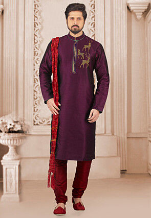 Embroidered Dupion Silk Kurta Set in Violet
