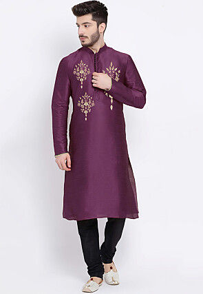 Embroidered Dupion Silk Kurta Set in Violet