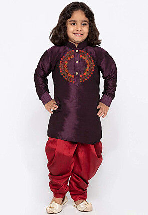 Embroidered Dupion Silk Kurta Set in Violet
