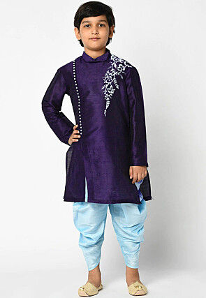 Embroidered Dupion Silk Kurta Set in Violet