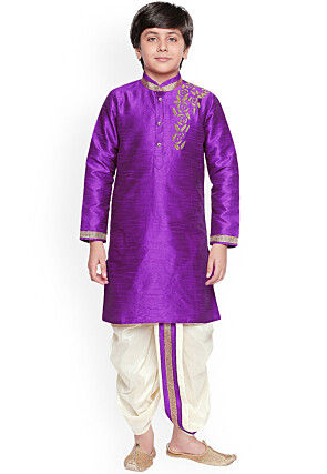 Embroidered Dupion Silk Kurta Set in Violet