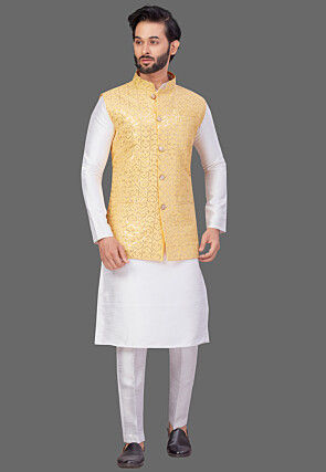 Embroidered Dupion Silk Kurta Set in White and Yellow