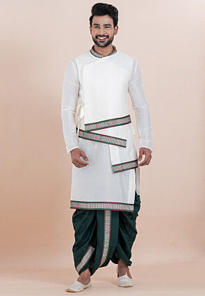 Embroidered Dupion Silk Kurta Set in White