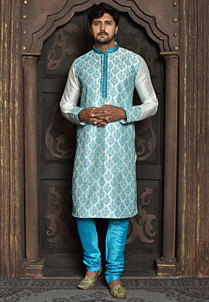 Embroidered Dupion Silk Kurta Set in White