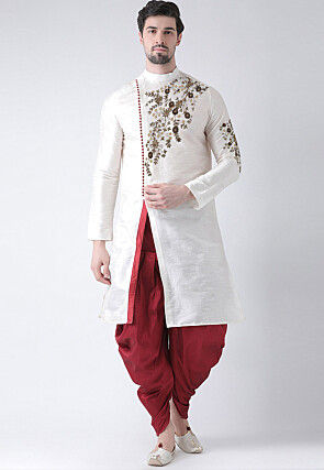 Embroidered Dupion Silk Kurta Set in White