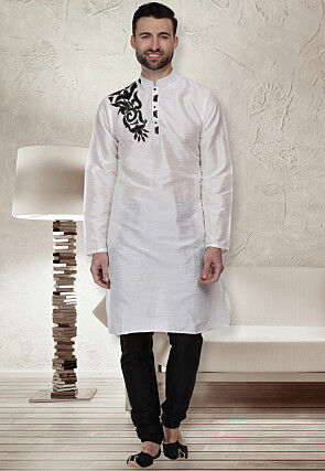 Embroidered Dupion Silk Kurta Set in White