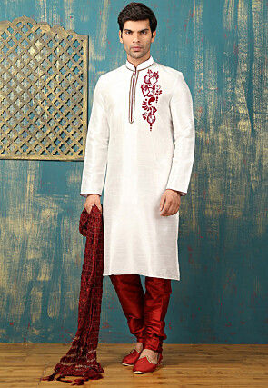 Embroidered Dupion Silk Kurta Set in White