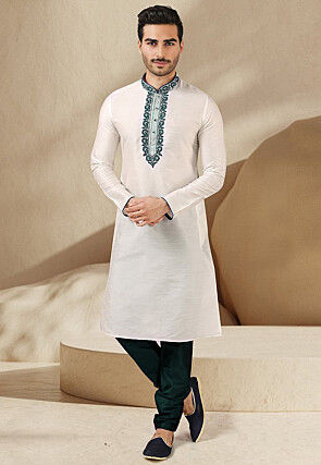 Embroidered Dupion Silk Kurta Set in White