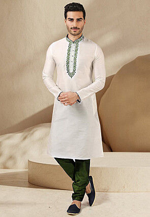 Embroidered Dupion Silk Kurta Set in White