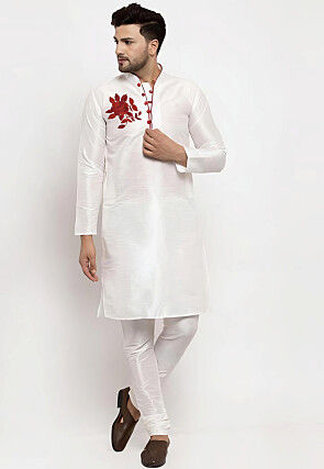 Embroidered Dupion Silk Kurta Set in White