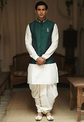 Embroidered Dupion Silk Kurta Set in White and Dark Green