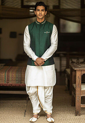 Embroidered Dupion Silk Kurta Set in White and Dark Green