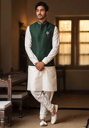 Embroidered Dupion Silk Kurta Set in White  and Dark Green
