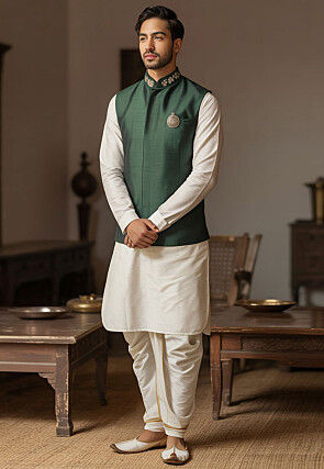 Embroidered Border Dupion Silk Kurta Set in White and Dark Green