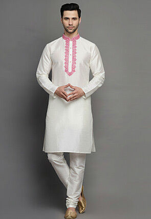 Embroidered Dupion Silk Kurta Set in White