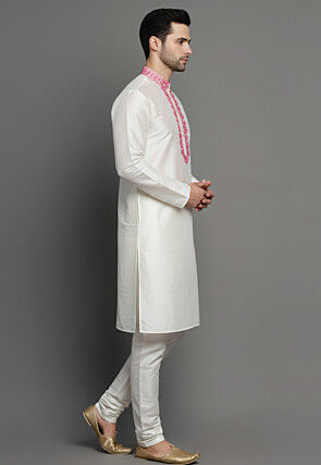 Embroidered Dupion Silk Kurta Set in White