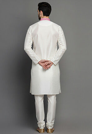 Embroidered Dupion Silk Kurta Set in White
