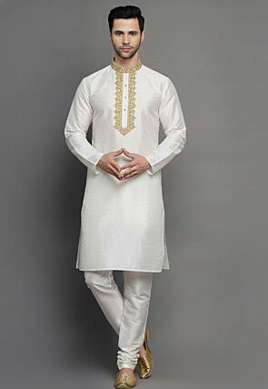 Embroidered Dupion Silk Kurta Set in White
