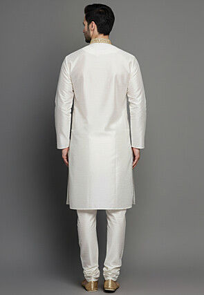 Embroidered Dupion Silk Kurta Set in White