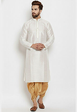 Contrast Trim Dupion Silk Kurta Set in White