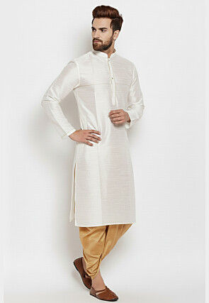 Contrast Trim Dupion Silk Kurta Set in White