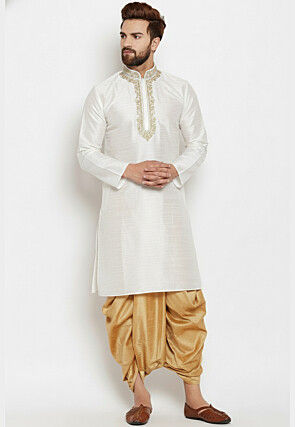 Embroidered Dupion Silk Kurta Set in White