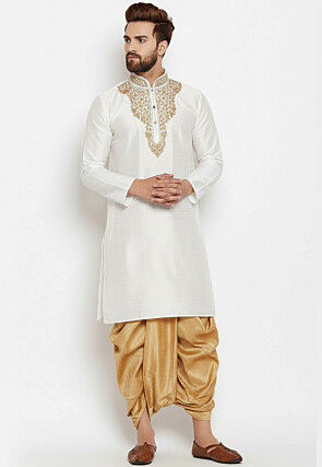 Embroidered Dupion Silk Kurta Set in White