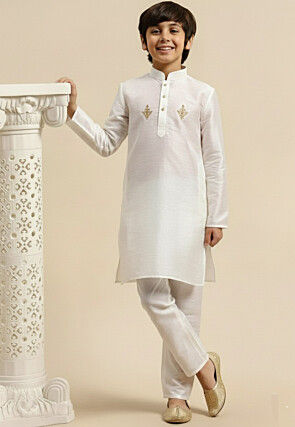 Embroidered Dupion Silk Kurta Set in White