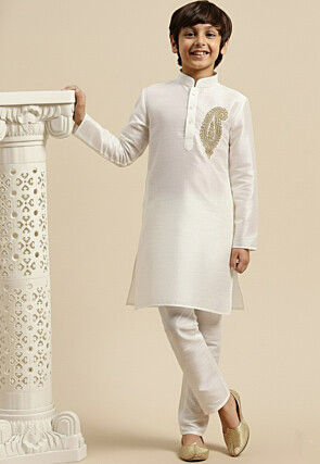 Embroidered Dupion Silk Kurta Set in White