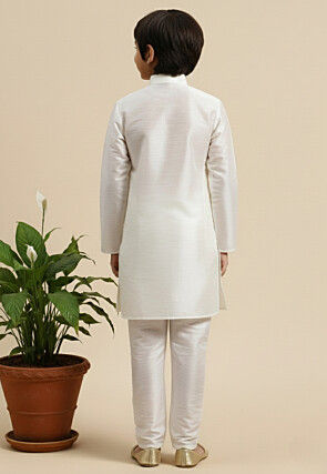 Embroidered Dupion Silk Kurta Set in White