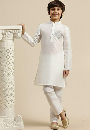 Embroidered Dupion Silk Kurta Set in White